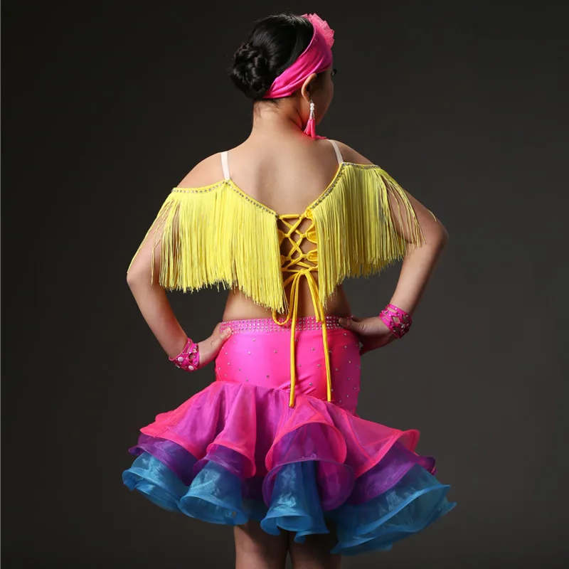 

tassel latin dance dress for girls salsa spandex rumba tango children ballroom dresses kids samba competition fringe cha skirt