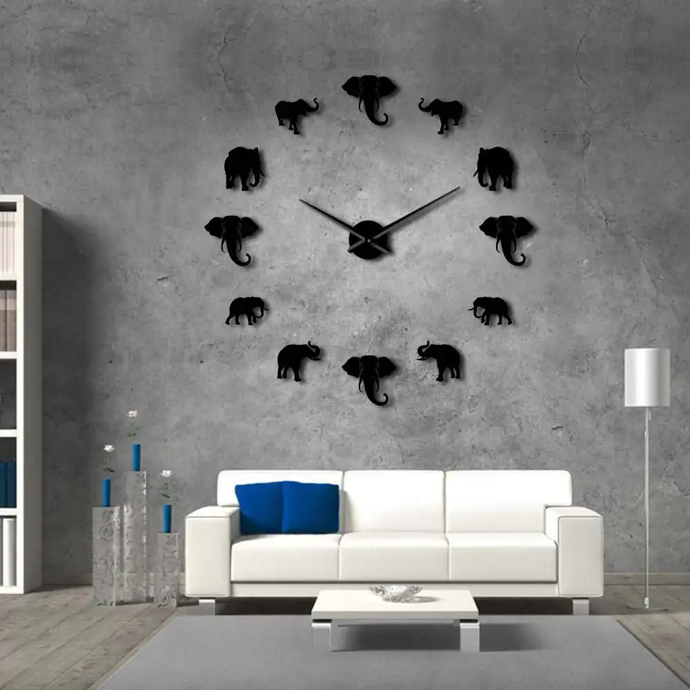 

Jungle Animals Elephant DIY Large Wall Clock Home Decor Modern Design Mirror Effect Giant Frameless Elephants DIY Silent Watch