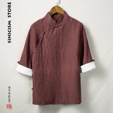 Sinicism Store мужские хлопковые льняные рубашки, мужские однотонные высококачественные рубашки с рукавом три четверти, мужские рубашки большого размера, новинка