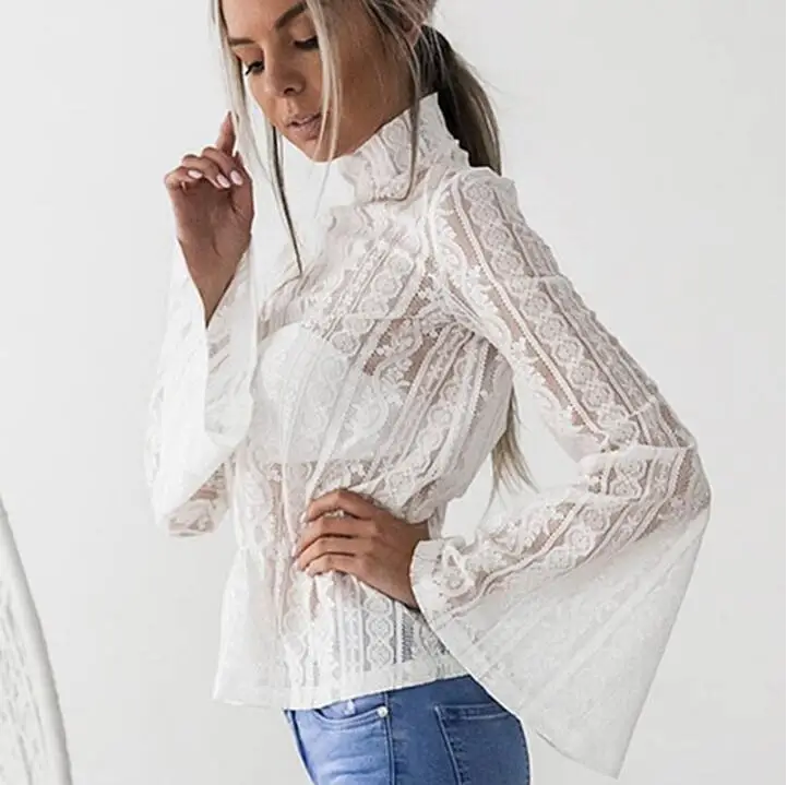 

Fashion 2018 Women Lace Blouse Shirt Elegant Flare Sleeve Long Sleeve Sexy Transparent Shits Casual Stand Chiffon White Tops