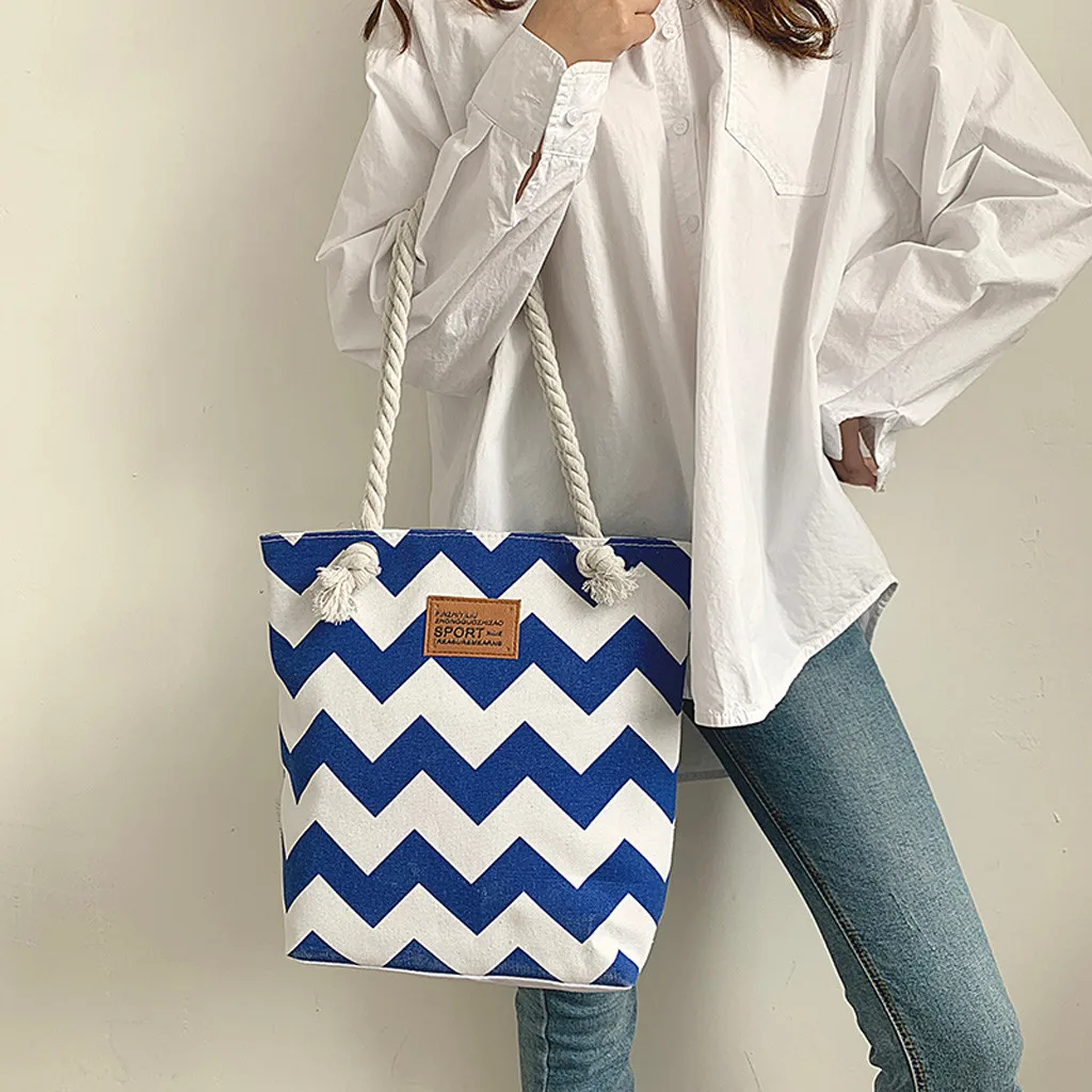 New Casual Women Striped Large Capacity Tote Canvas Shoulder Bag Shopping Bag Beach Bags Casual Tote Bolsa Feminina#H10