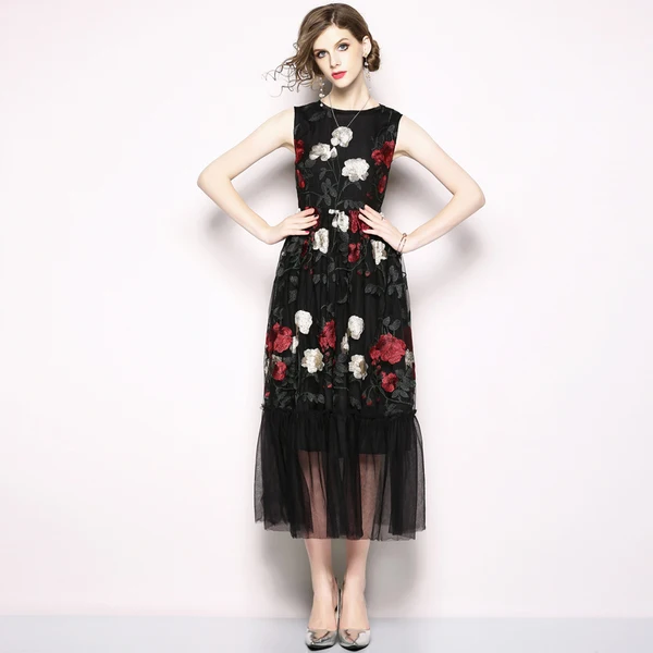 

2018 Summer Luxury Runway Black Mesh Embroidery Floral Vest Party Dress Sleeveless High Waist Vintage Long Dress