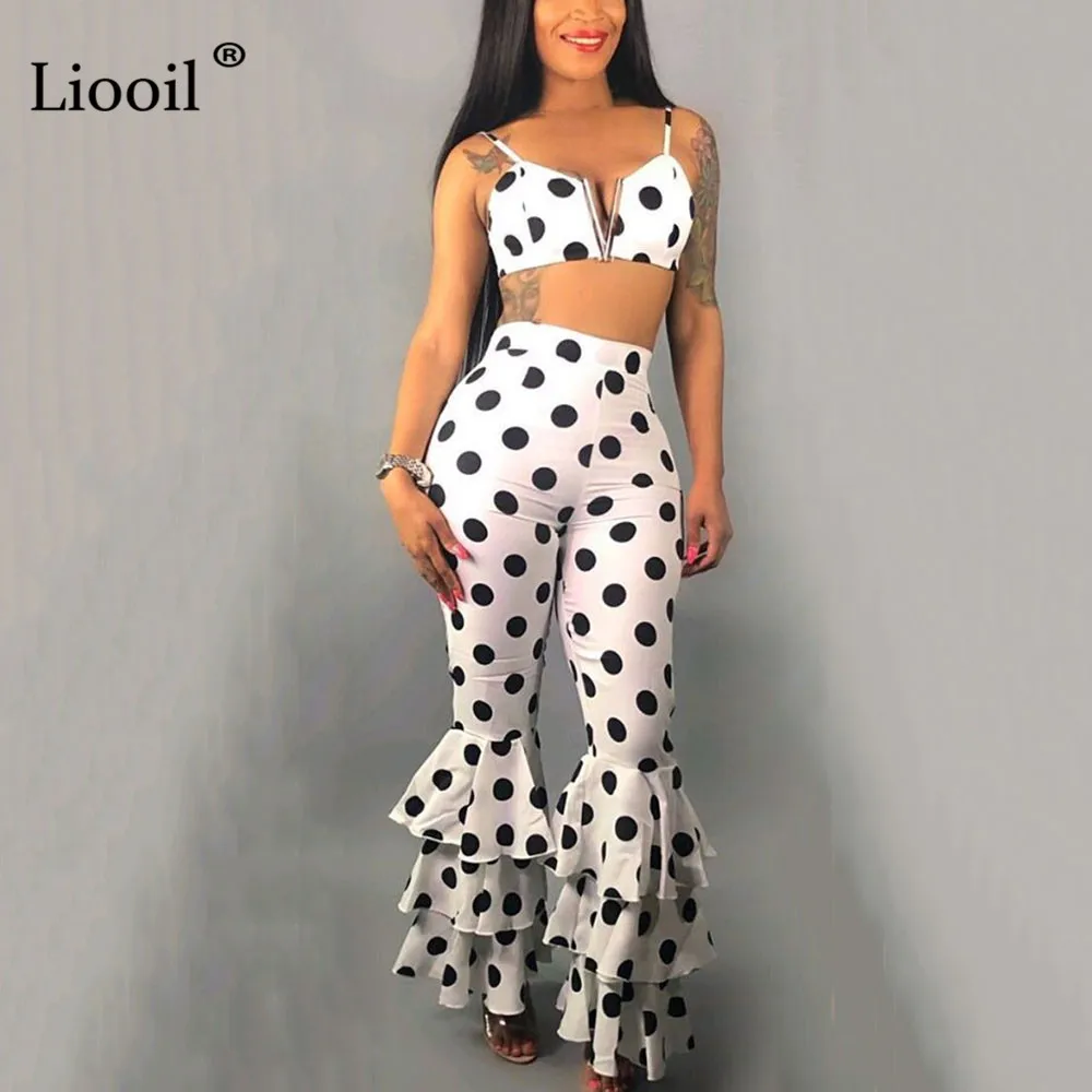 

Liooil Polka Dot 2 Piece Set Women New Arrival 2019 Two Piece Set Top and Pant V Neck Ruffle Sexy Club Outfit Party Matching Set