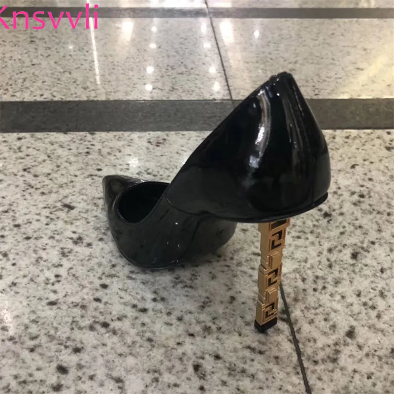 Knsvvli новые металлические странный стиль каблука Обувь для подиума черные женские туфли-лодочки стиле, из натуральной кожи, с острым носком; обувь на высоком каблуке Для женщин класса люкс
