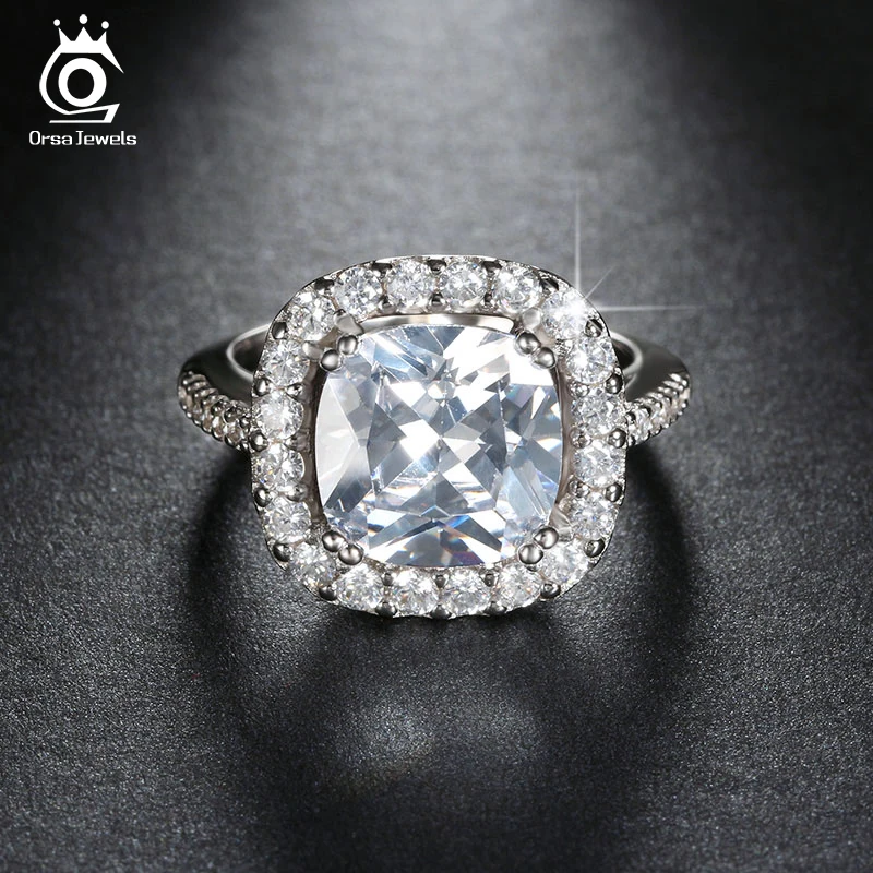 ORSA JEWELS 5 ct Cushion Cut Zircon Engagement Silver Color Rings Big AAA Austrian Cubic Zirconia Stone Ring for Women OR96