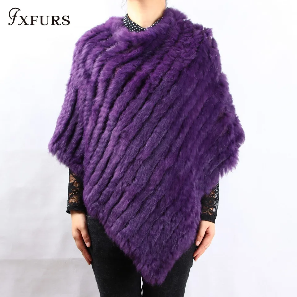

FXFURS 2019 spring autumn Genuine Real Knitted Rabbit Fur Poncho Wrap scarves women natural rabbit fur Shawl triangle Cape