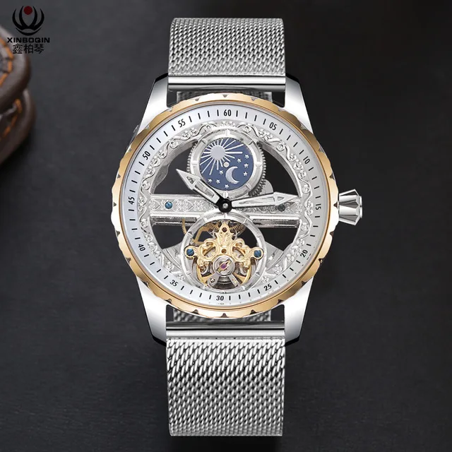 Крутые прозрачные турбийон часы Мужские механические часы с автоматическим заводом стальные миланские наручные часы водонепроницаемые Montre Moon Phase - Цвет: Mesh Gold