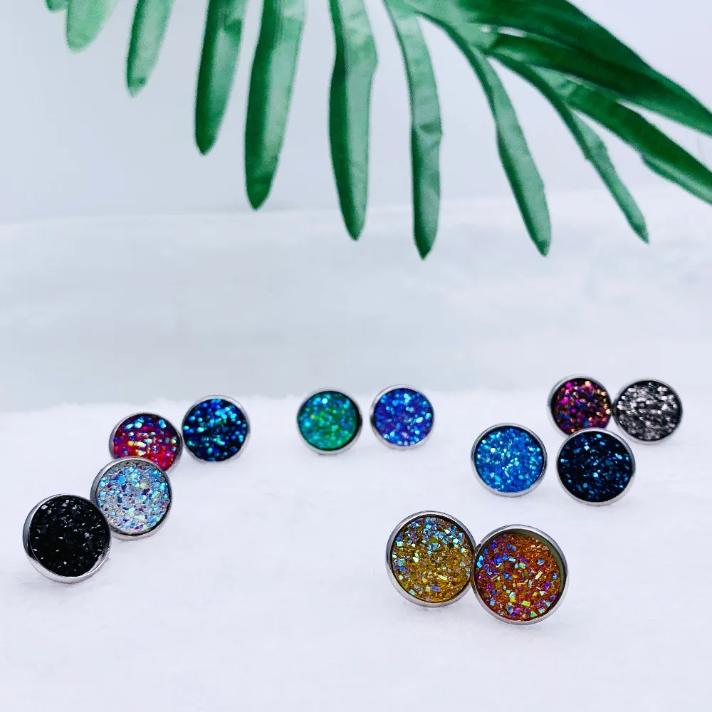 Серьги-гвоздики из нержавеющей стали, 12 мм, круглый кабошон, основа, разноцветные, из смолы, искусственный Druzy, серьги для рождественской мечты, подарок со звездой