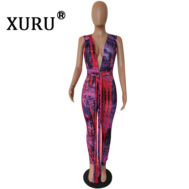 XURU Fashion Casual Print Jumpsuit Women's Deep V-neck Summer Sexy Leotard with Belt XURU Fashion Casual Print Jumpsuit Women's Deep V-neck Summer Sexy Leotard with Belt