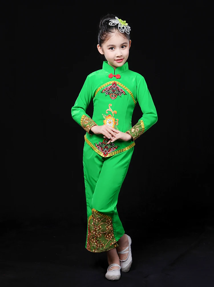 Детей китайский узел национальный костюм танец девочек Yangko танец Костюмы платок костюм танца