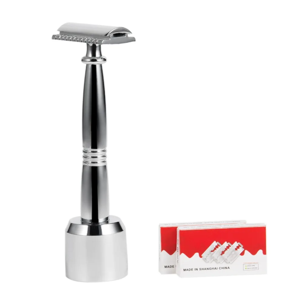 

ZY Classic barber Safety Razors Manual Razor shaving Shaver,Double Edge Shaver Silver Long Handle,1 Handle +1 stand +10 blades