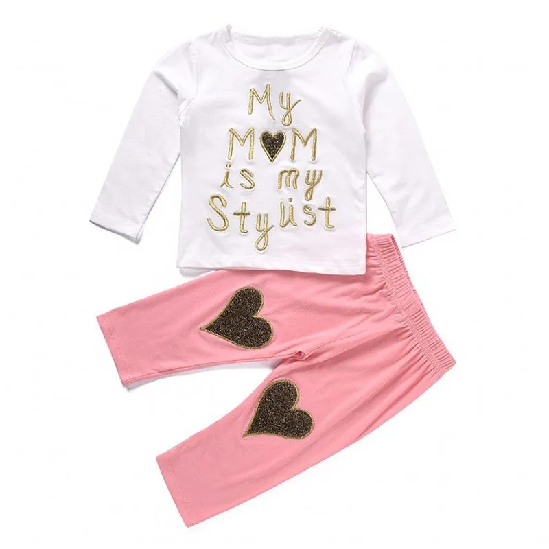 

Spring Baby Girls 2pcs Sets Children Clothes Long Sleeve O-neck My Mom Is My Stylist Letters T-shirts + Love Heart Pants Outfits