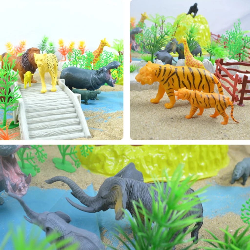 MagiDeal 100 Pieces Plastic Wild Animals Figurine Zoo Animals Fence Tree Model Toys for School Classroom Children Birthday Gift