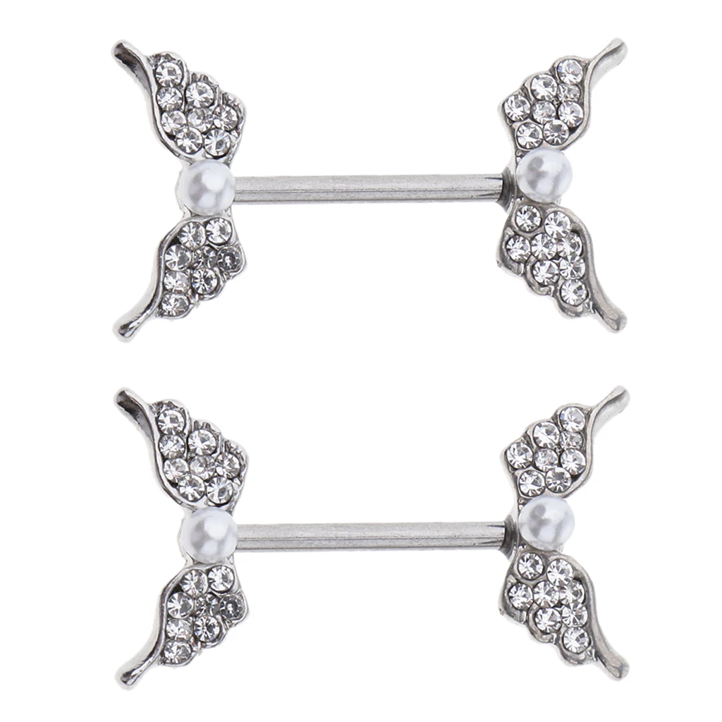 1 Pair Crystal Pearl Beads Angel Wing Shield Barbell Nipple Ring Stainless Steel Body Piercing 14 Gauge