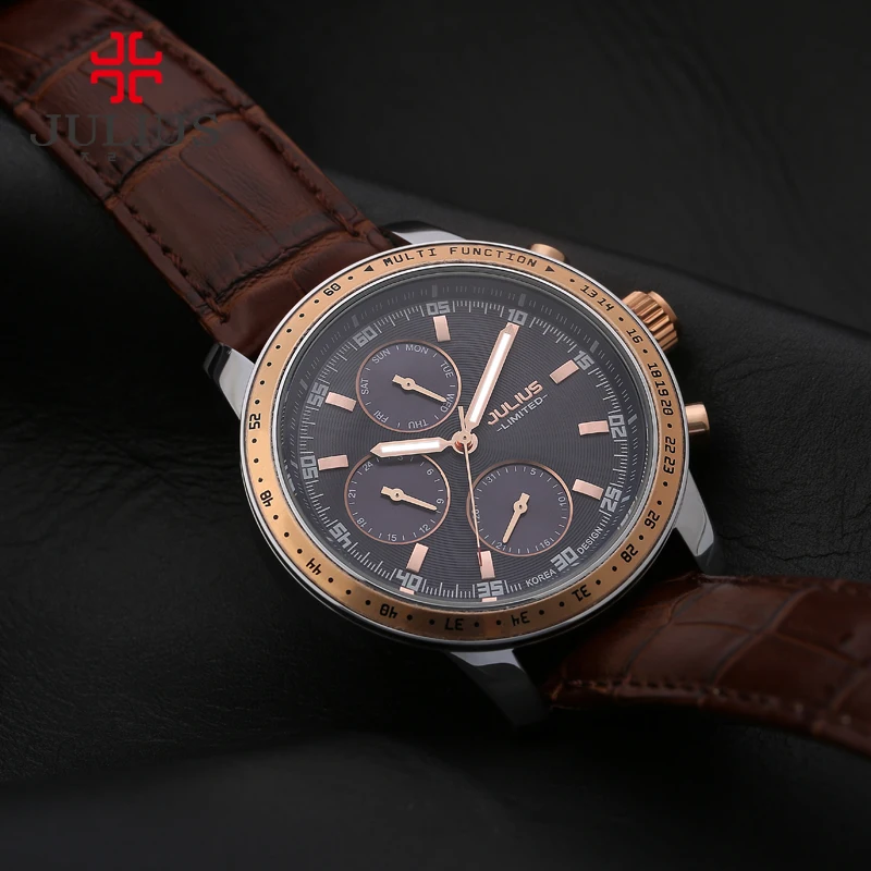 

JULIUS Luxury Watch Men Limited Edition 3 dials Multi-function Leather Strap Steel Waterproof Whatch Freeship Top Brand JAL-036