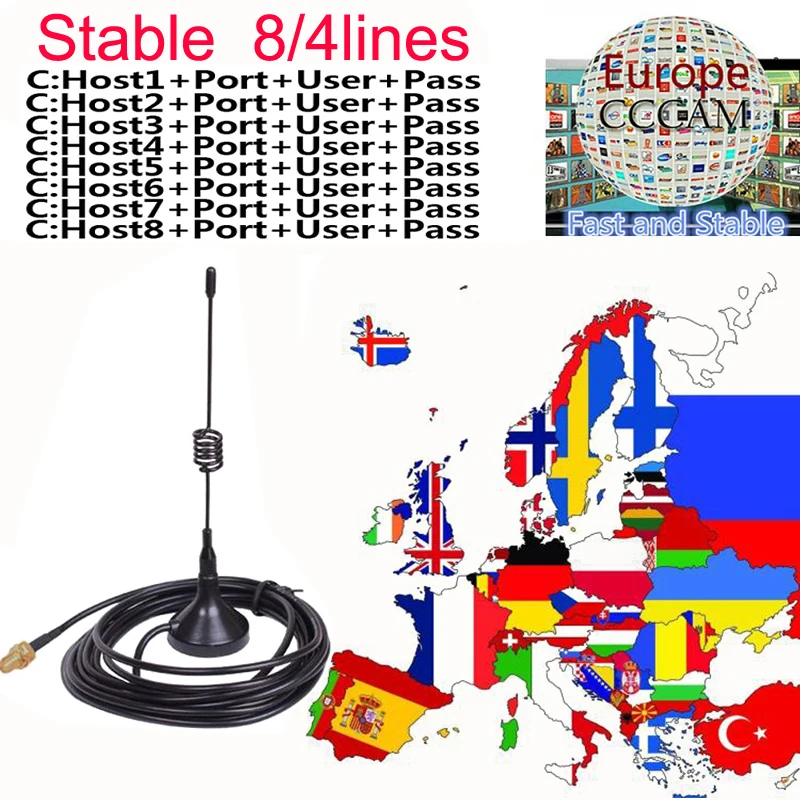 

NEWEST 1.5 Year Spain portugal cccams for Satellite Receiver lines WIFI FULL HD DVB-S2 Eroupe 8/4lines ccams