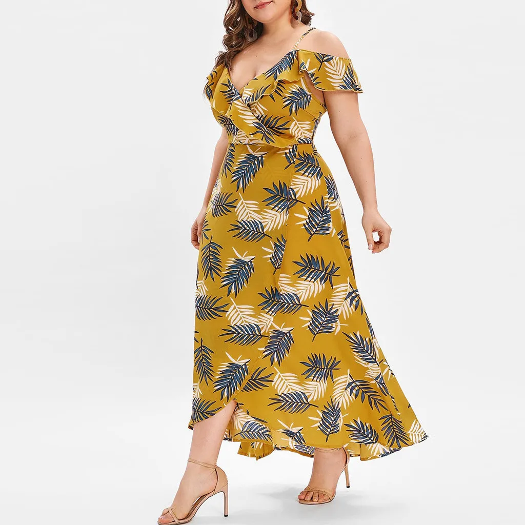 

Bohemian Summer Women's Plus Size Dress Sexy V-neck Casual Bohemian Off-Shoulder Ruffled Banded Long Dress Holiday beachwear