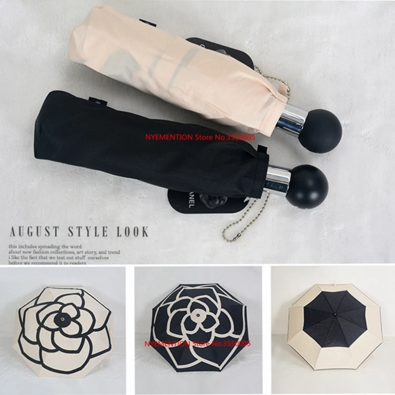 

50pcs/lot Classic pattern Camellia Flower logo Umbrella For Women 3 Fold Luxury Umbrella with gift Box And Bag Rain Umbrella
