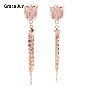 

Grace Jun High Quality Long Rose Flower Shape Tassel Clip on Earrings Without Piercing for Women Party Weddng Luxury Ear Clip
