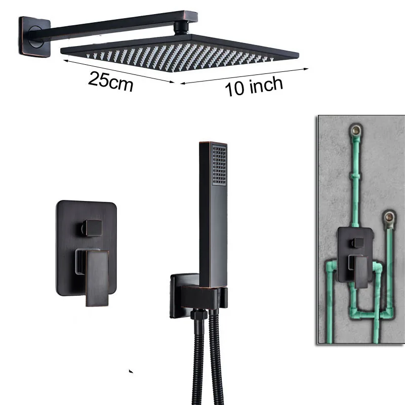 Скрытый черный Ванная комната душевой кран латунный 2-полосным смесительный клапан смесители для душа с ручным душем 8/10/12/1" дождевая Насадки для душа - Цвет: 10 inch 2-ways