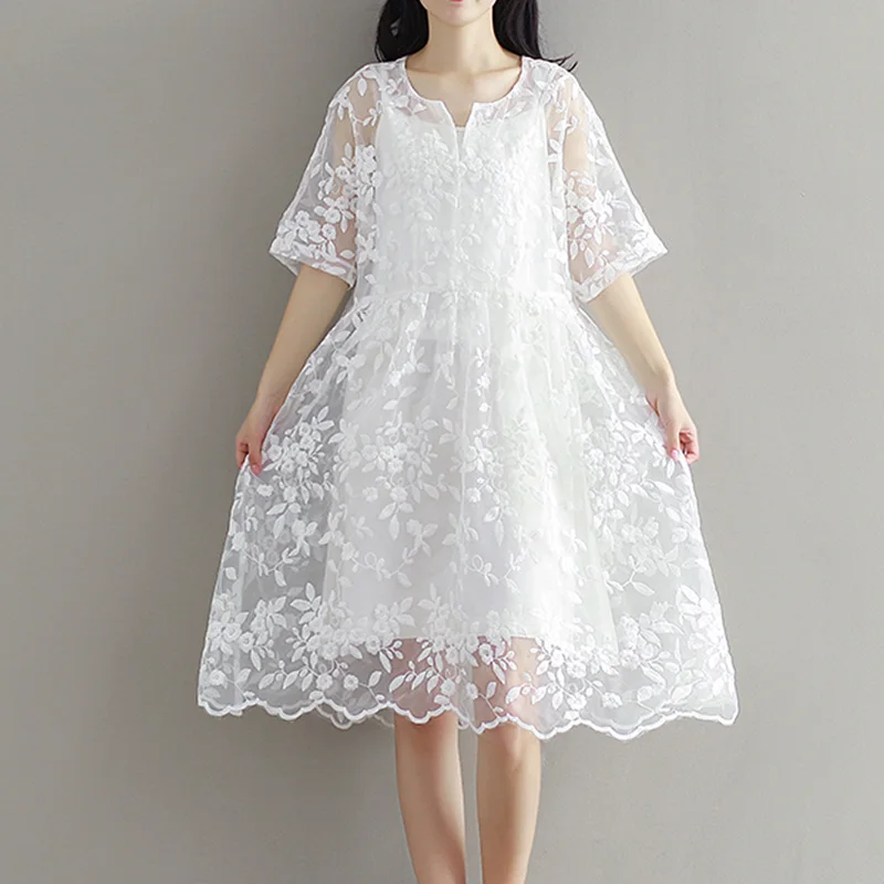

Summer Girl Chiffon Dress White Color High Waist Embroidery Lace Women Dress Half Dress O Neck Two Pieces Plus Size XXL