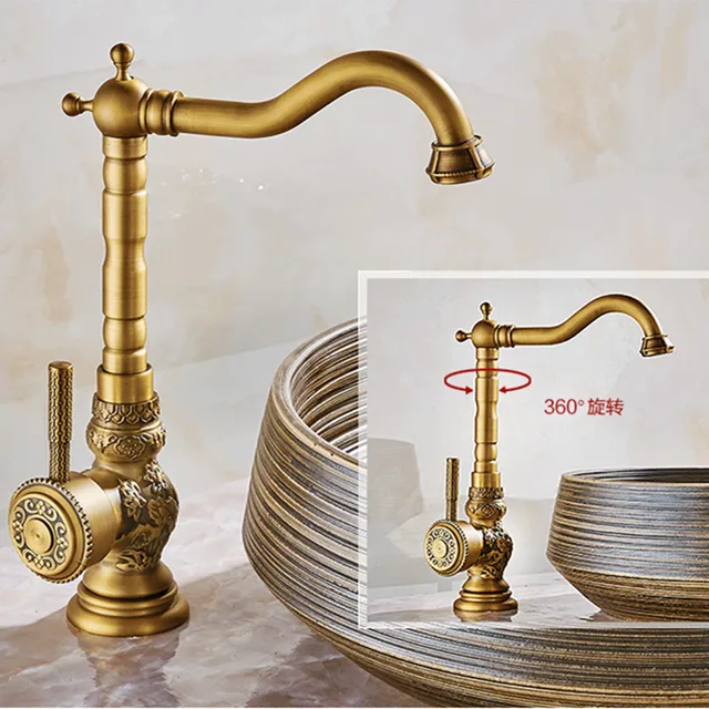 Carving antique kitchen faucet with single handle deck mounted gold