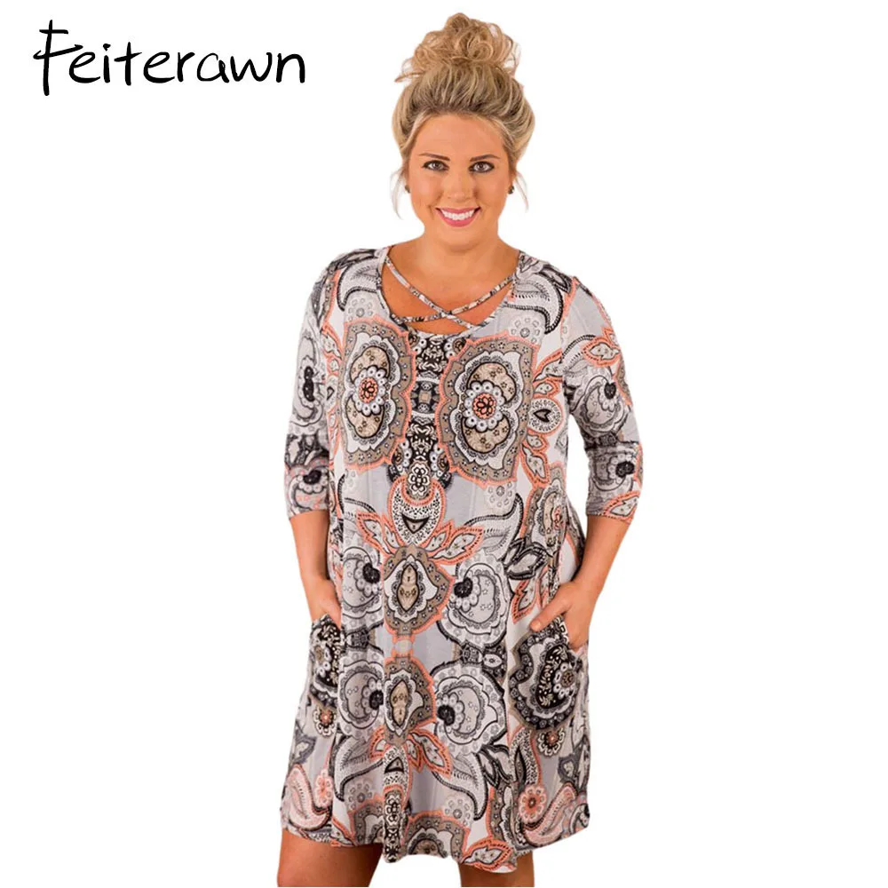 Feiterawn Casual Crisscross Neck Floral African Print Dress 3/4 Sleeve Autumn Loose Women Plus Size Shirt Dress DL220127 plus-floral-dress : image Feiterawn Casual Crisscross Neck Floral African Print Dress 3/4 Sleeve Autumn Loose Women Plus Size Shirt Dress DL220127 plus-floral-dress