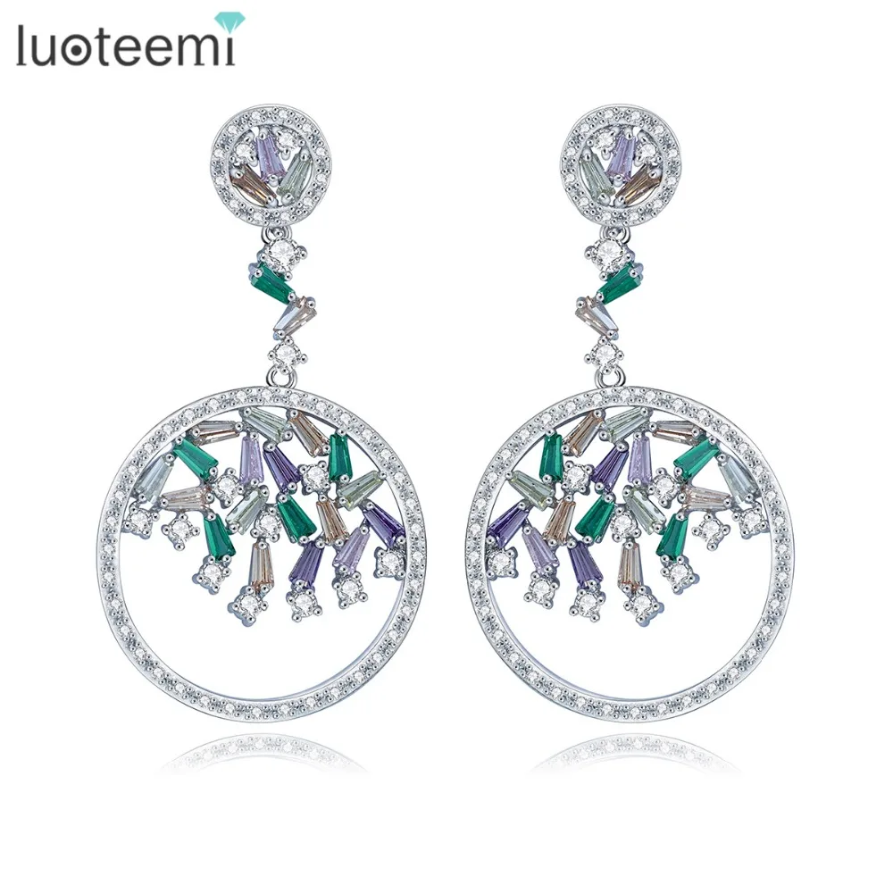 LUOTEEMI Wholesale Rhodium Plated Luxury Artificial Multi CZ Zircon Dangle font b Earrings b font For