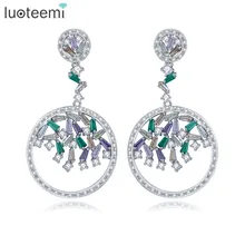 LUOTEEMI Wholesale Rhodium Plated Luxury Artificial Multi CZ Zircon Dangle Earrings For Women Brincos Bijoux Wedding Jewelry