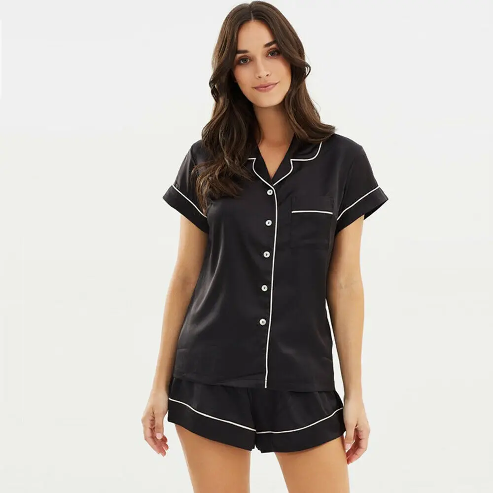 

Women Ladies Summer Casual Silk Satin Button Short Sleeve Sleepwear Shirt+Pants Pajamas Sets Black Blue