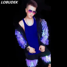 Блестящие фиолетовые блёстки бейсбольная куртка брюки мужские костюмы хип-хоп сценические наряды Ночной клуб бар певец рок танцор одежда для выступлений