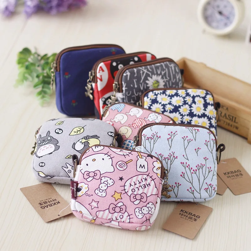

2pcs a lot Cartoon Cute Small Coin Purse Hellokitty Totoro Canvas Zipper Girls Money Change Coin Wallet Bag with Bear Pendant