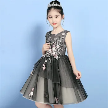 

Children Girls 2018 New Fashion Black Color Embroidery Flowers Princess Birthday Evening Party Dress Kids Babies Ball Gown Dress