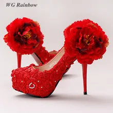 Rote Spitze Sexy Hochzeit Schuhe für Frauen Pumpt Plattform High Heels Große Blume Brautschuhe Ceromony Party Kleid Schuhe Frau