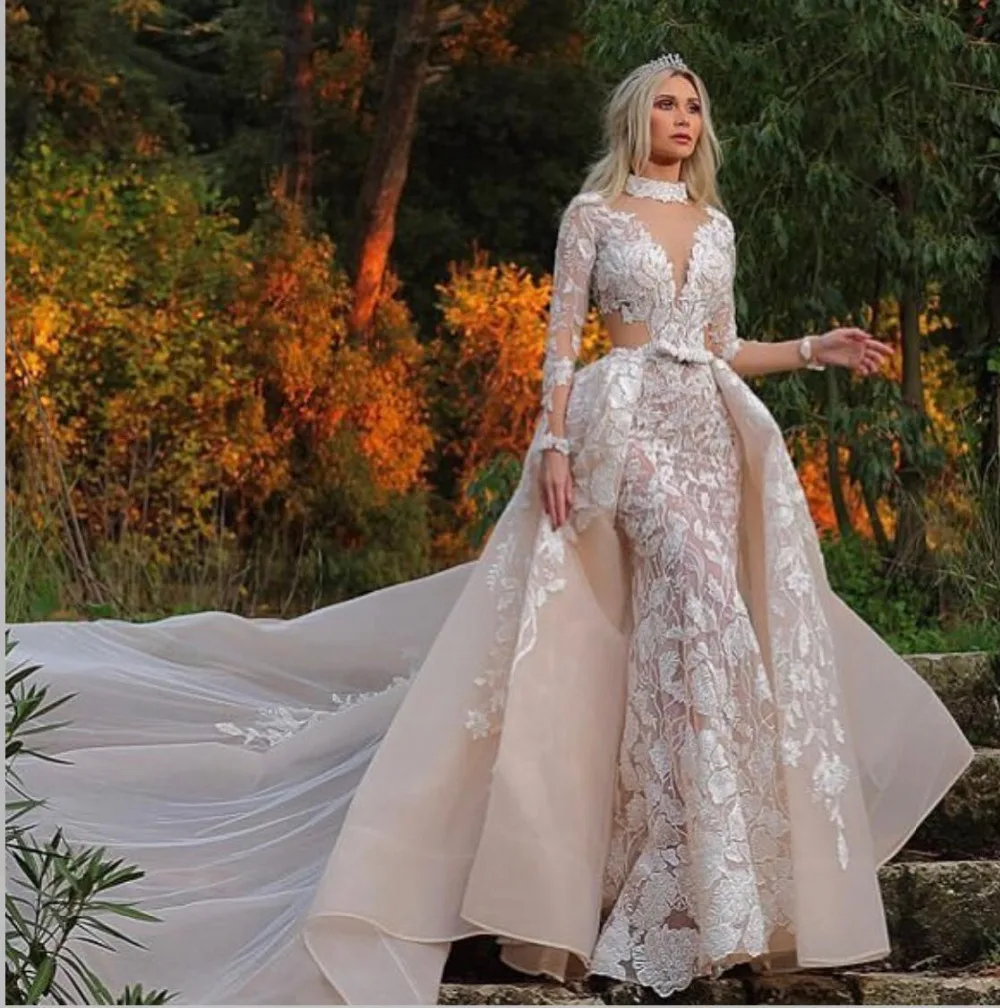

Eslieb Muslim High Quality Custom made Wedding Dress 2019 Mermaid Wedding dresses Deep Vneck Vestido de Noiva Long Sleeves Dress
