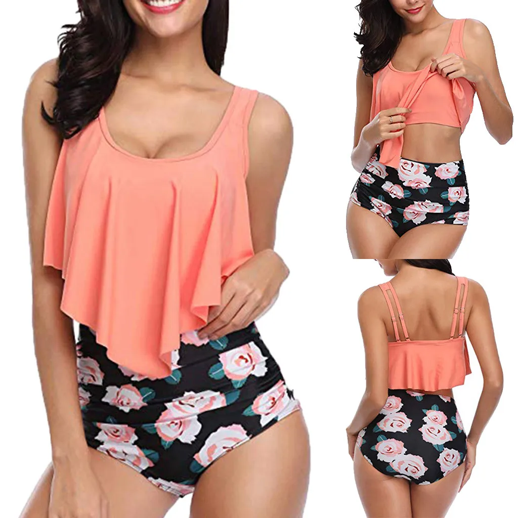 

swimsuit bikini women's swimming suit swimwear women Two Piece Plus Size Sexy Backless Halter Floral Printed Swimwear Set