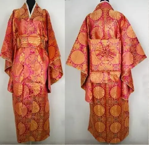 Модное оранжевое винтажное японское кимоно юката Haori вечернее платье Obi один