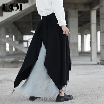 

[EAM] 2020 AutumnTrendy New Stitching Cut Tassel Hem Retro Destruction Long Type Loose Half-body Skirt Women Tide YA35001