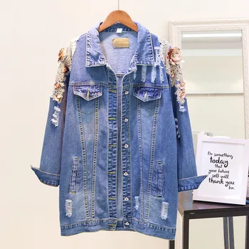 

2019 Autumn Denim Jacket New Loose Embroidery Beaded Three-Dimensional Flower Medium Long Coat Hole Denim Jacket Female JIA328