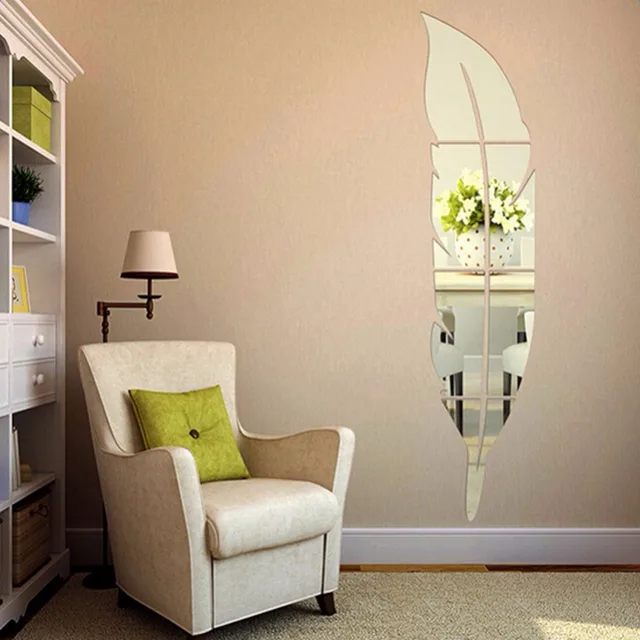 73x18cm Diy Modern Feather Acrylic Mirror Wall Stickers Home 73x18cm Diy Modern Feather Acrylic Mirror Wall Stickers Home Decoration Accessories Room Silver Bedroom
