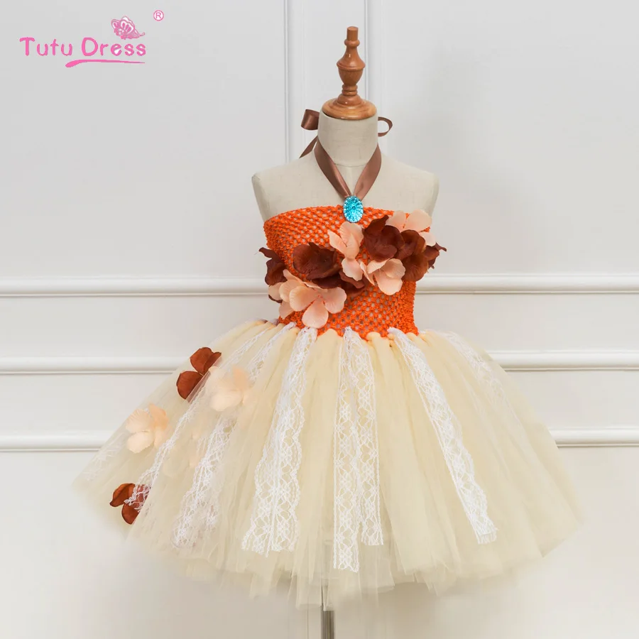 

Princess Moana Tutu Dress Cute Orange Flower Blue Crystal Girls Dresses Wedding Kids Halloween Cosplay Costume Party Clothes