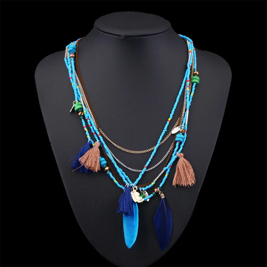 

OTOKY 2019 Fashion Boho Multilayer Woven Long tassel Jewelry Multi-layer Chain Handmade Beaded Bohemian Feather Necklace 9June07