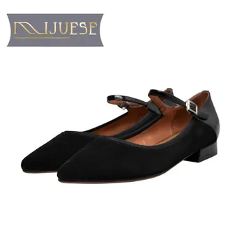 

MLJUESE 2019 women flats Kid Suede Mary Janes black color pointed toe flats shoes spring autumn comfortable casual shoes