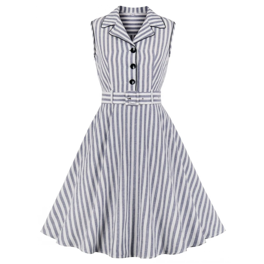 

Summer Sweet Travel Beach Vintage Turn Down Collar Big Swing Women Dresses Elegant Party Retro Striped Female Rockabilly Dress