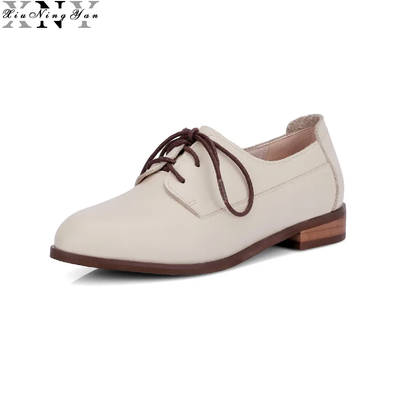 

XIUNINGYAN Women Genuine Leather Flats Shoes Handmade Loafers Lace-up Autumn Vintage Flat British Casual Oxford Shoes for Women