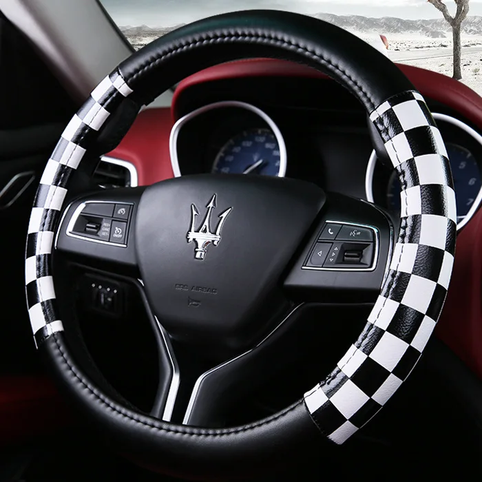 

KKYSYELVA New Four Seasons Universal Handle Set Interior Accessories Car Decoration Square Plaid Car Steering Wheel Cover