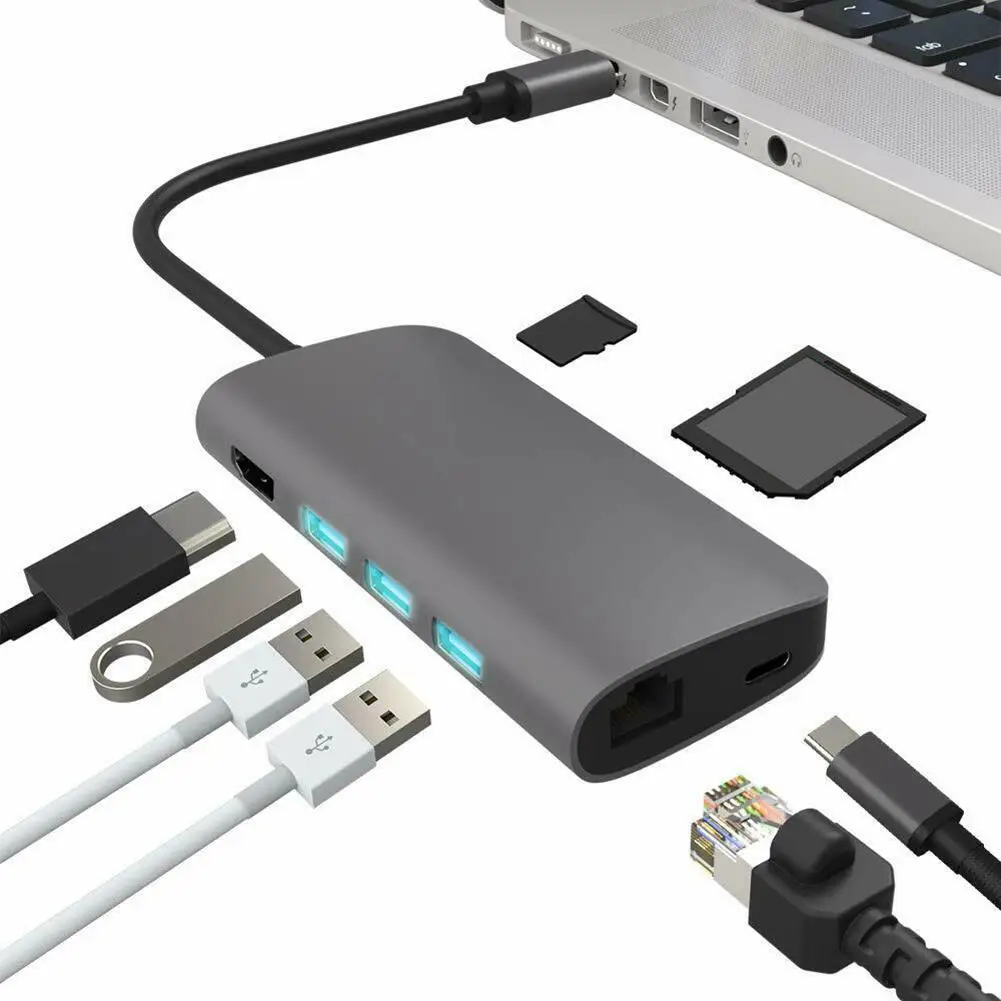 

8 in 1 Type-C to USB 3.0 4K HDMI RJ45 SD/TF PD Charging Multi-Port Hub Adapter new