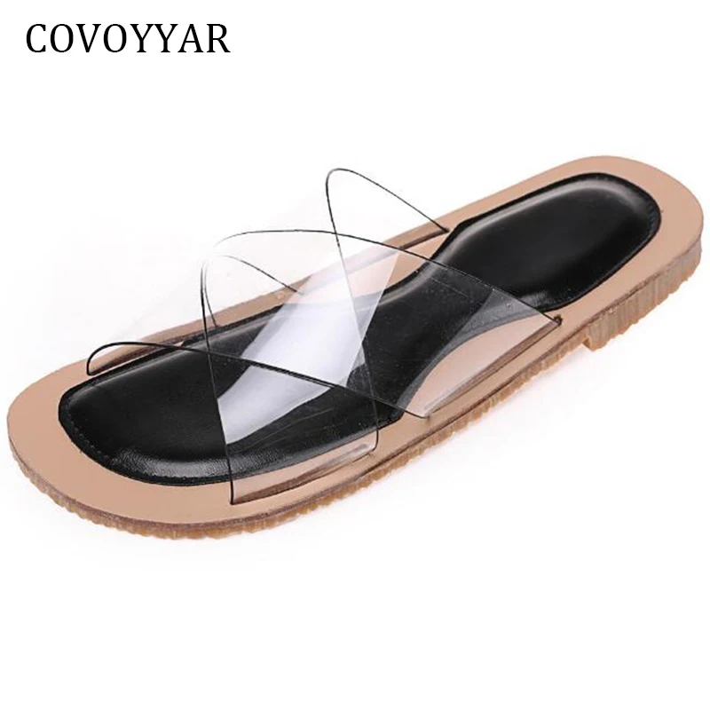 comprar COVOYYAR 2018 Chinelos de Verão Sapatos Mulheres Plana Clara Transparente WSL556 Slides Moda Exterior Praia Das Sandálias Das Mulheres Do Dedo Do Pé Aberto