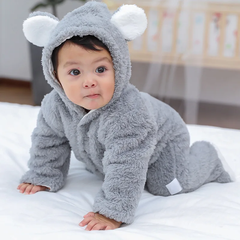 Winter Soft Babies Newborn Baby Clothes Bear Baby Girl Boy Romper Coral Fleece Warm Hooded Plush Jumpsuit Animal Overall