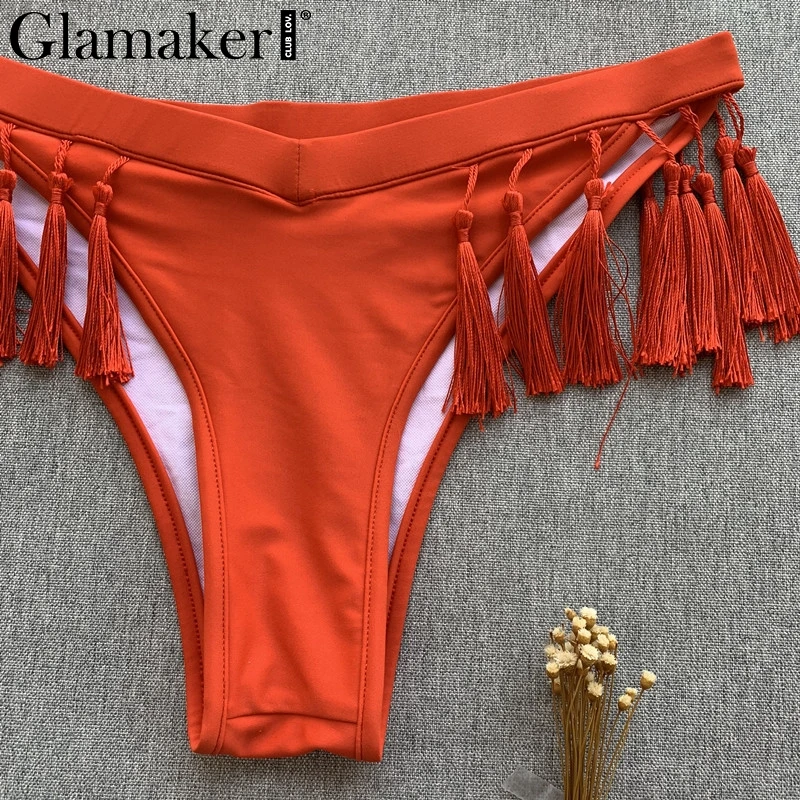 Glamaker Tassel off shoulder two-pieces suit boydsuit Women thong push up beach bodysuit romper Female sexy summer red overalls